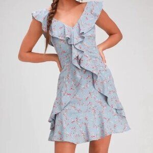 Radiant Rosa Light Blue Floral Print Ruffled Mini Dress